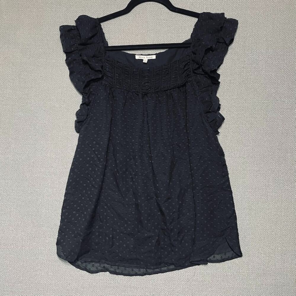 Black Rainn Top Medium Swiss Dot Ruffle Sleeve Baby Doll Smock Square Neck Boho